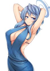 Rule 34 | 1girl, :q, ako (blue archive), ako (dress) (blue archive), armpits, arms up, backless dress, backless outfit, blue archive, blue dress, blue eyes, blue hair, blue halo, blush, breasts, cleavage, closed mouth, dress, hair between eyes, halo, heart, highres, large breasts, long hair, official alternate costume, second-party source, sideless dress, simple background, sleeveless, sleeveless dress, smile, solo, standing, tongue, tongue out, white background, yotunoha