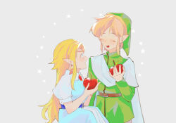 Rule 34 | 1boy, 1girl, apple, belt, belt buckle, blonde hair, blue dress, blue eyes, brown belt, buckle, circlet, closed eyes, collared jacket, collared shirt, commentary request, dress, eyelashes, food, fruit, gem, green headwear, green jacket, grey background, grey pants, highres, holding, holding food, holding fruit, jacket, leaftin, light blush, link, long hair, long sleeves, looking at another, nintendo, open mouth, pants, pointy ears, pointy hat, princess zelda, puffy sleeves, red gemstone, shawl, shirt, short hair, sitting, sleeveless, sleeveless dress, smile, star (symbol), teeth, the legend of zelda, the legend of zelda: a link to the past, triforce earrings, white shawl, white shirt