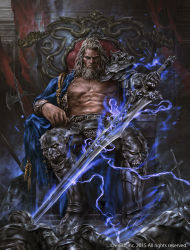 Rule 34 | 1boy, armor, axe, bahamut crisis, beard, belt, blue robe, brown eyes, company name, dated, facial hair, gauntlets, greaves, helmet, highres, holding, holding sword, holding weapon, indoors, looking at viewer, mad (artist), male focus, muscular, official art, planted, planted sword, planted weapon, robe, scar, shoulder armor, sitting, sword, tan, throne, watermark, weapon