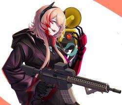 Rule 34 | 1girl, 1other, 3 small spiders, absurdres, assault rifle, banana (girls&#039; frontline), black gloves, black jacket, blonde hair, breasts, girls&#039; frontline, gloves, gun, hair between eyes, headset, highres, holding, holding gun, holding weapon, hood, hooded jacket, jacket, long hair, looking at viewer, m4 sopmod ii, m4 sopmod ii (girls&#039; frontline), m4 sopmod ii (mod3) (girls&#039; frontline), mechanical arms, multicolored hair, official alternate costume, open mouth, pink eyes, rifle, single mechanical arm, smile, upper body, weapon, white background