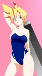 Rule 34 | 1girl, armpits, asurin, bare shoulders, blonde hair, blue eyes, blue one-piece swimsuit, breasts, buster sword, cleavage, cloud strife, commentary request, cowboy shot, earrings, eyes visible through hair, final fantasy, final fantasy vii, genderswap, genderswap (mtf), groin, hair between eyes, highres, holding, holding sword, holding weapon, jewelry, looking at viewer, medium breasts, one-piece swimsuit, pink background, school swimsuit, short hair, sideboob, simple background, solo, spiked hair, standing, stud earrings, swimsuit, sword, weapon