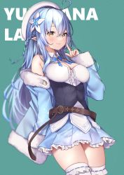 Rule 34 | 1girl, absurdres, ahoge, aqua background, bad id, bad pixiv id, belt, beret, blouse, blue bow, blue bowtie, blue coat, blue hair, blue skirt, blurry, blush, bow, bowtie, braid, breasts, brown belt, buta tamako, character name, cleavage, cleavage cutout, closed mouth, clothing cutout, coat, collared shirt, commentary, corset, cowboy shot, crossed bangs, depth of field, flower, fur-trimmed coat, fur trim, hair between eyes, hair flower, hair ornament, half updo, hat, heart, heart ahoge, highres, hololive, huge filesize, index finger raised, light blue hair, long hair, looking at viewer, medium breasts, miniskirt, off shoulder, open clothes, open coat, plaid, plaid bow, plaid bowtie, plaid neckwear, pleated skirt, pointy ears, shirt, side braid, simple background, single braid, skindentation, skirt, sleeveless, sleeveless shirt, smile, snowflake print, solo, thighhighs, thighs, virtual youtuber, white hat, white shirt, white thighhighs, wing collar, yellow eyes, yukihana lamy, zettai ryouiki