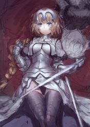 Rule 34 | 2girls, armor, armored dress, black legwear, blonde hair, blue eyes, braid, braided ponytail, breasts, chain, fate/apocrypha, fate/grand order, fate (series), headpiece, highres, holding, holding hands, holding sword, holding weapon, jeanne d&#039;arc (fate), jeanne d&#039;arc (third ascension) (fate), jeanne d&#039;arc alter (avenger) (fate), jeanne d&#039;arc alter (fate), long hair, lying, multiple girls, qiongsheng, sword, thighhighs, weapon