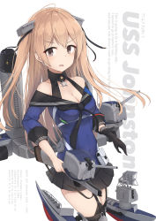 Rule 34 | 1girl, adapted turret, black gloves, black skirt, black thighhighs, blue shirt, breasts, brown eyes, cannon, cleavage, cowboy shot, driftkingtw, garter straps, gloves, highres, johnston (kancolle), kantai collection, light brown hair, long hair, looking at viewer, machinery, medium breasts, off shoulder, pleated skirt, sailor collar, school uniform, serafuku, shirt, single glove, skirt, smokestack, solo, thighhighs, turret, two side up