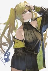 Rule 34 | 1girl, absurdres, armpit crease, armpits, bare shoulders, belt, black belt, black choker, black jacket, black ribbon, black shirt, black skirt, blonde hair, choker, closed mouth, commentary, cowboy shot, eyepatch, green eyes, hand on another&#039;s head, hand on own head, highres, jacket, jacket partially removed, long hair, long sleeves, looking at viewer, mm30212, mole, mole under eye, original, pleated skirt, ribbon, shirt, sidelocks, simple background, skirt, solo, twintails, white background