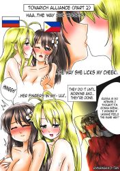 Rule 34 | 2girls, :d, ;o, annamakko-tan, aqua eyes, bed, black eyes, black hair, blonde hair, blush, breasts, cleavage, comic, couple, embarrassed, english text, faceless, faceless female, female focus, flower, full-face blush, hair flower, hair ornament, kiss, large breasts, licking, lips, long hair, looking at another, lying, moaning, multiple girls, nude, one eye closed, open mouth, original, pillow, real life, saliva, shy, smile, speech bubble, sweat, talking, text focus, tongue, under covers, upper body, white flower, wince, yuri