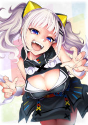 Rule 34 | 1girl, bare shoulders, blue eyes, breasts, claw pose, cleavage, cleavage cutout, clothing cutout, commentary, cowboy shot, fingernails, hair ornament, highres, japanese clothes, kaguya luna, kitano tomotoshi, large breasts, looking at viewer, obi, sash, sharp teeth, silver hair, solo, teeth, the moon studio, twintails, virtual youtuber, x hair ornament
