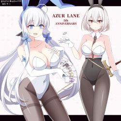 Rule 34 | 6+girls, absurdres, animal ears, anniversary, azur lane, black pantyhose, blue eyes, card, character request, coin, collarbone, detached collar, elbow gloves, fake animal ears, formidable (azur lane), gloves, hebitsukai-san, highres, illustrious (azur lane), leotard, long hair, multiple girls, open mouth, pantyhose, playboy bunny, playing card, rabbit tail, red eyes, sirius (azur lane), sword, tail, unicorn (azur lane), weapon, white gloves, white hair, white leotard