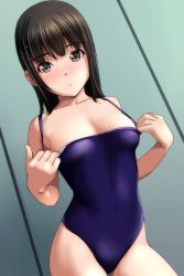 Rule 34 | 1girl, absurdres, blue one-piece swimsuit, borrowed character, breasts, brown hair, clothes pull, collarbone, contrapposto, cowboy shot, dutch angle, highres, long hair, matsunaga kouyou, medium hair, one-piece swimsuit, one-piece swimsuit pull, original, small breasts, solo, swimsuit