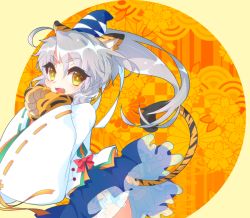 Rule 34 | 1girl, :3, ahoge, animal ears, animal hands, blue skirt, bow, chinese new year, chinese zodiac, fang, floral background, flower (symbol), frilled skirt, frills, hair between eyes, hat, japanese clothes, kamome, kariginu, layered clothes, looking at viewer, mononobe no futo, open mouth, ponytail, red bow, ribbon, ribbon-trimmed sleeves, ribbon trim, silver hair, skirt, tail, tate eboshi, thick eyebrows, thick eyelashes, tiger ears, tiger paws, tiger tail, touhou, wide sleeves, yellow eyes