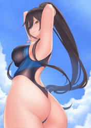 Rule 34 | 1girl, armpits, ass, black hair, black one-piece swimsuit, blue one-piece swimsuit, breasts, cloud, competition swimsuit, covered erect nipples, day, dog tags, franham, from behind, hair between eyes, highleg, highres, idolmaster, idolmaster shiny colors, large breasts, long hair, looking at viewer, one-piece swimsuit, outdoors, ponytail, shirase sakuya, sky, smile, swimsuit, thong, very long hair, yellow eyes