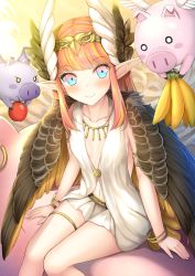 Rule 34 | 1girl, apple, banana, bare arms, blonde hair, blue eyes, blush, blush stickers, bracelet, circe (fate), collarbone, commentary, demon wings, fate/grand order, fate (series), feather hair ornament, feathered wings, feathers, flying, flying pig, food, fruit, hair ornament, jewelry, looking at viewer, miniskirt, multicolored eyes, multicolored hair, navel, necklace, pig, pink eyes, pink hair, pointy ears, sitting, skirt, sleeveless, smile, solo, taiki ken, white skirt, wings