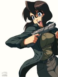 Rule 34 | 00s, 1990s (style), 1girl, 2007, black hair, blue eyes, bob cut, breasts, brown hair, coat, cocked hammer, dated, gun, gunsmith cats, handgun, highres, holster, jacket, large breasts, nail polish, omar dogan, open clothes, open coat, open mouth, pink nails, pistol, rally vincent, retro artstyle, ribbed sweater, semi-automatic firearm, short hair, shoulder holster, sidelocks, solo, sweater, turtleneck, unzipped, weapon