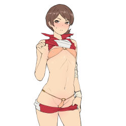 Rule 34 | 1girl, bikini, blouse, blush, brown eyes, brown hair, clothes lift, clothes pull, cowboy shot, frown, girls und panzer, high collar, highres, kawanishi shinobu, lifting own clothes, onsen tamago (hs egg), orange panties, panties, pulling own clothes, red shirt, shirt, shirt lift, short shorts, shorts, shorts pull, simple background, sleeveless, sleeveless shirt, solo, sportswear, swept bangs, swimsuit, underwear, volleyball uniform, white background