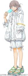 Rule 34 | 1boy, blue eyes, fate/grand order, fate (series), food, grey hair, hair bun, jacket, oberon (fate), oberon (refreshing summer prince) (fate), official alternate costume, official art, popsicle, sandals, shorts, solo, umino chika, white jacket, white shorts