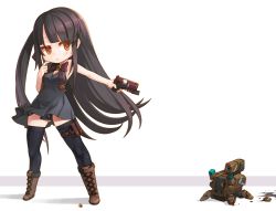 Rule 34 | 1girl, black dress, black hair, black thighhighs, blunt bangs, boots, breasts, cross-laced footwear, dress, drone, glock, gluteal fold, gun, handgun, holding, holding weapon, lace-up boots, leather, leather boots, long hair, neck ribbon, original, ran system, red eyes, ribbon, shell casing, side ponytail, sidelocks, thigh strap, thighhighs, very long hair, weapon, white background