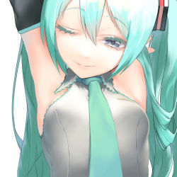Rule 34 | 1girl, aqua eyes, aqua hair, armpits, arms up, bad id, bad pixiv id, bare shoulders, black sleeves, breasts, close-up, detached sleeves, grey shirt, hair ornament, half-closed eyes, hatsune miku, highres, lips, long hair, looking at viewer, necktie, one eye closed, portrait, rsk (tbhono), shirt, sleeveless, sleeveless shirt, small breasts, smile, solo, twintails, very long hair, vocaloid, white background