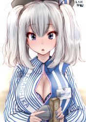 Rule 34 | 10s, 1girl, beret, blue bra, blue eyes, blue nails, bra, breasts, cleavage, employee uniform, hat, highres, kantai collection, kashima (kancolle), large breasts, lawson, long hair, nail polish, name tag, open clothes, scanner, silver hair, solo, souryu, twintails, underwear, uniform, upper body