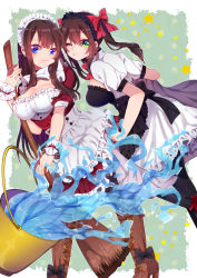 Rule 34 | 2girls, apron, black legwear, blue eyes, boots, breasts, broom, brown hair, bucket, character request, drill hair, green eyes, large breasts, long hair, maid, maid apron, maid headdress, multiple girls, one eye closed, red footwear, red ribbon, renka (sutegoma25), ribbon, shoes, short sleeves, smile, star (symbol), twintails, water, wrist cuffs