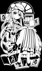 Rule 34 | 1girl, book, bun cover, greyscale, hat, long hair, mikan (bananoha), mob cap, monochrome, patchouli knowledge, sitting, solo, touhou, very long hair