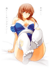 Rule 34 | 1girl, bare shoulders, blush, breasts, brown eyes, brown hair, curvy, dead or alive, kasumi (doa), kettsu, long hair, looking at viewer, no shoes, obi, panties, parted lips, sash, sitting, solo, thick thighs, thighhighs, thighs, torn clothes, torn thighhighs, underwear, white panties, white thighhighs, wide hips