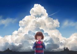 Rule 34 | :d, ^ ^, androgynous, brown hair, closed eyes, cloud, day, frisk (undertale), gender request, glowing, heart, open mouth, skyline, smile, solo, stephanie lee, striped clothes, striped sweater, sweater, undertale, upper body