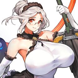 1girl bare_shoulders black_headdress blush breasts closed_mouth covered_erect_nipples dress elbow_gloves eyelashes female_focus forehead frilled_dress frills game_cg glasses gloves grey_hair hair_bun halterneck headdress holding holding_sword holding_weapon huge_breasts kakiman labiata_(last_origin) last_origin lips long_hair looking_at_viewer maid_headdress official_art plump prototype_labiata red_eyes single_hair_bun sleeveless sleeveless_dress smile sword tight_clothes transparent_background upper_body weapon white_dress white_gloves