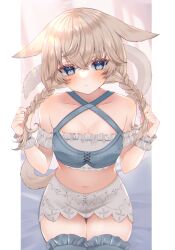 Rule 34 | 1girl, absurdres, animal ears, bare shoulders, blue eyes, blue thighhighs, blush, braid, breasts, cat ears, cat girl, cat tail, chitose (chi candy), cleavage, closed mouth, commentary request, criss-cross halter, crop top, crossed bangs, expressionless, facial mark, final fantasy, final fantasy xiv, frills, halterneck, highres, holding, holding own hair, light brown hair, looking at viewer, midriff, miqo&#039;te, navel, partial commentary, sitting, skirt, small breasts, solo, stomach, tail, thighhighs, twin braids, warrior of light (ff14), whisker markings, white skirt, wrist cuffs