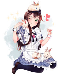 Rule 34 | 1girl, ;), animal, animal on head, animal on lap, apron, bang dream!, black ribbon, blue dress, blue pantyhose, bow, brown footwear, brown hair, clenched hand, commentary request, dew (dltmf2266), dress, frilled apron, frilled dress, frills, green eyes, hair bow, hair ornament, hair ribbon, hairband, hanazono tae, hand up, heart, long hair, neck ribbon, on head, on lap, one eye closed, pantyhose, petting, rabbit, rabbit on head, rabbit on shoulder, ribbon, shoes, sitting, smile, solo, sparkle, striped clothes, striped dress, vertical-striped clothes, vertical-striped dress, vial, white apron, wrist cuffs, x hair ornament, yellow ribbon