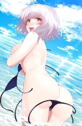 Rule 34 | 1girl, ahoge, ass, bikini, black bikini, blue sky, blush, breasts, butt crack, cloud, commentary request, covering privates, covering breasts, day, embarrassed, fate/grand order, fate (series), from behind, highres, jeanne d&#039;arc (fate), jeanne d&#039;arc alter (avenger) (fate), jeanne d&#039;arc alter (fate), large breasts, leaning forward, looking at viewer, looking back, nose blush, open mouth, outdoors, short hair, shunichi, silver hair, sky, solo, standing, sunlight, swimsuit, tearing up, topless, wading, wardrobe malfunction, water