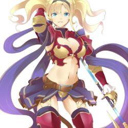 Rule 34 | 10s, 1girl, bebebe (pepegakii), blonde hair, blue eyes, breasts, granblue fantasy, highres, long hair, looking at viewer, midriff, navel, polearm, simple background, smile, solo, weapon, white background, zeta (granblue fantasy)