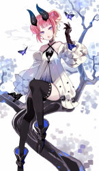 Rule 34 | 1girl, arm at side, arm support, bare shoulders, black footwear, black gloves, black thighhighs, blue eyes, boots, branch, breasts, bug, butterfly, choker, collarbone, commentary, detached sleeves, double bun, dress, fang, foot out of frame, frilled sleeves, frills, gloves, grey neckwear, hair bun, hand up, horns, insect, leaf, leg up, looking at viewer, open mouth, original, pink hair, puffy sleeves, short hair, simple background, sitting, skin fang, sleeveless, small breasts, solo, thighhighs, tobi (kotetsu), tree, white background, white dress