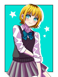 Rule 34 | 1girl, black sweater vest, blonde hair, blue background, blue bow, blue bowtie, blue eyes, blush, bob cut, bow, bowtie, closed mouth, collar, grey skirt, highres, inverted bob, looking at viewer, mem-cho, multicolored hair, oshi no ko, roots (hair), shirt, short hair, simple background, skirt, smile, solo, star (symbol), sweater vest, tonton (6kbgievnt89kt1f), white collar, white shirt