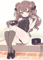 Rule 34 | 1girl, :o, baozi, bare arms, bare shoulders, black dress, black footwear, blade (galaxist), blush, breasts, brown eyes, brown hair, brown socks, china dress, chinese clothes, chopsticks, commentary request, copyright request, crossed legs, double bun, dress, flower, food, full body, hair bun, hair flower, hair ornament, holding, holding chopsticks, kneehighs, loafers, long hair, medium breasts, open mouth, pink flower, ribbed legwear, shoes, sleeveless, sleeveless dress, socks, solo, very long hair