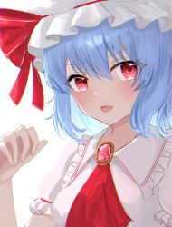 Rule 34 | 1girl, :d, absurdres, anima miko, ascot, blue hair, bow, fang, hair between eyes, hat, hat bow, highres, looking at viewer, medium hair, open mouth, red ascot, red bow, red eyes, remilia scarlet, shirt, skin fang, smile, solo, touhou, upper body, white background, white hat, white shirt