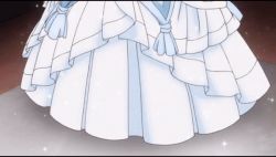 Rule 34 | 1girl, animated, animated gif, bare shoulders, blonde hair, bowing, choker, closed eyes, crown, curtsey, detached sleeves, dress, female focus, flower, gloves, gown, gruier serenity, hair flower, hair ornament, long hair, miniskirt pirates, princess, solo, sparkle, white dress, white gloves