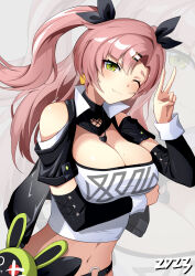 Rule 34 | 1girl, ;3, absurdres, bangboo (zenless zone zero), bare shoulders, black jacket, black ribbon, blush, breasts, cleavage, clothing cutout, commentary request, green eyes, hair ornament, hair ribbon, hairclip, hand up, heitong kino, highres, jacket, large breasts, long hair, long sleeves, looking at viewer, midriff, navel, nicole demara, one eye closed, open clothes, open jacket, pink hair, ribbon, shoulder cutout, solo, stomach, strapless, tube top, two side up, upper body, v, zenless zone zero, zoom layer