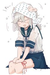 Rule 34 | 1girl, 1other, :d, absurdres, arm support, blue neckerchief, blue skirt, blush, closed eyes, cropped legs, facing viewer, feet out of frame, green sailor collar, grey hair, highres, kantai collection, long hair, ma rukan, messy hair, motion lines, neckerchief, open mouth, pleated skirt, red ribbon, ribbon, sailor collar, school uniform, serafuku, shirt, short sleeves, sidelocks, signature, simple background, sitting, skirt, smile, solo focus, towel, towel on head, usugumo (kancolle), white background, white shirt