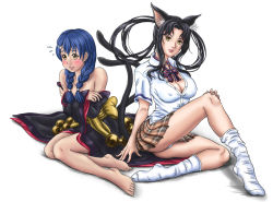 Rule 34 | 10s, 2girls, animal ears, arm support, bare shoulders, barefoot, black hair, blouse, blue hair, blush, bow, bowtie, braid, breasts, cat ears, cat tail, cleavage, cosplay, costume switch, covered erect nipples, covering privates, covering breasts, crossover, embarrassed, feet, hair ornament, hair rings, hairclip, high school dxd, highres, japanese clothes, kimono, kuroka (high school dxd), kuroka (high school dxd) (cosplay), large breasts, long hair, multiple girls, multiple tails, off shoulder, open mouth, panties, round teeth, ruby3ye5, school uniform, shirt, shokugeki no souma, sitting, skirt, slit pupils, socks, tadokoro megumi, tadokoro megumi (cosplay), tail, takahashi minami (voice actor), teeth, twin braids, underwear, voice actor connection, white legwear, white panties, white shirt, yellow eyes