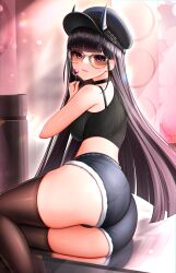 Rule 34 | 1girl, :d, absurdres, arm support, ass, azur lane, black choker, black hair, black shirt, blush, breasts, candy, choker, crop top, demon girl, demon horns, food, from side, half-closed eyes, hand up, hat, highres, holding, holding candy, holding food, holding lollipop, horns, horns through headwear, itacho (itasha draws), lollipop, long hair, looking at viewer, looking back, lying, medium breasts, micro shorts, noshiro (azur lane), noshiro (dressed-up date) (azur lane), on side, oni, open mouth, parted lips, purple eyes, shirt, shorts, skindentation, smile, solo, sunglasses, thighhighs, thighs, torn clothes, torn shorts, very long hair