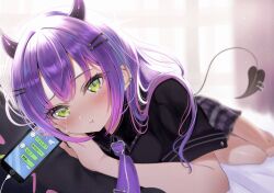 Rule 34 | 1girl, :t, bed, black shirt, black skirt, blurry, blush, colored tips, commentary request, demon girl, demon horns, demon tail, depth of field, green eyes, hair ornament, hairclip, highres, hololive, horns, kurusu rei, long hair, looking at viewer, miniskirt, multicolored hair, necktie, official alternate costume, on bed, piercing, pink hair, pink necktie, plaid, plaid skirt, pout, purple hair, shirt, short sleeves, skirt, solo, streaked hair, tail, tail ornament, tail piercing, tearing up, tokoyami towa, translation request, virtual youtuber
