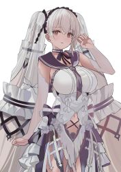 Rule 34 | 1girl, absurdres, azur lane, breasts, closed mouth, dress, dress flower, feet out of frame, formidable (azur lane), formidable (timeless classics) (azur lane), hairband, hand up, highres, huge filesize, large breasts, long hair, looking at viewer, navel, neck ribbon, necktie, official alternate costume, purple neckwear, red eyes, ribbon, silver hair, smile, solo, standing, tnr (horiko1525), twintails, very long hair, white background, white dress
