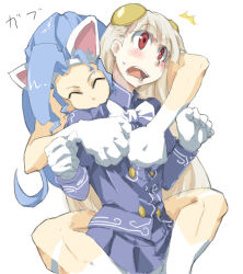 Rule 34 | 2girls, :3, ^^^, ^ ^, animal ears, animal hands, big hair, biting, blonde hair, blue hair, blush, capcom, capcom fighting jam, cat ears, closed eyes, company connection, crossover, felicia (vampire), from behind, gloves, hairband, hairpods, hug, ingrid (capcom), multiple girls, open mouth, red eyes, surprised, vampire (game), white hair