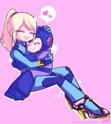 Rule 34 | 1boy, 1girl, android, armor, bad id, bad pixiv id, blonde hair, blush, bodysuit, bracer, child, closed eyes, couple, eyelashes, from side, full body, gauntlets, gloves, glowing, greaves, hair tie, happy, heart, helmet, hetero, high heels, high ponytail, highres, hug, light smile, long hair, mega man (character), mega man (classic), mega man (series), metroid, neon trim, nintendo, outline, parted bangs, pink background, ponytail, samus aran, sidelocks, simple background, sitting, sitting on lap, sitting on person, size difference, smile, sparkle, speech bubble, spoken heart, super smash bros., swept bangs, turtleneck, ultineet, watermark, web address, zero suit