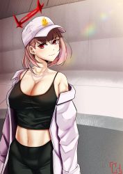 Rule 34 | 1girl, absurdres, alternate costume, azur lane, baseball cap, black pants, black shirt, choister, clothes pull, commentary, duca degli abruzzi (azur lane), english commentary, halo, hat, highres, jacket, jacket pull, light smile, looking at viewer, manjuu (azur lane), midriff, navel, off shoulder, open clothes, open jacket, pants, pink hair, red eyes, shirt, short hair, simple background, solo, spaghetti strap, white hat, white jacket