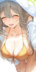 Rule 34 | 1girl, bikini, blue archive, blush, breasts, cleavage, closed eyes, collarbone, front-tie bikini top, front-tie top, grey hair, halo, hand in own hair, hat, highres, large breasts, leaning forward, long hair, long sleeves, neshia (tsaqif0309), nonomi (blue archive), nonomi (swimsuit) (blue archive), open mouth, smile, solo, swimsuit, thighs, white hat, yellow bikini