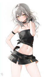 Rule 34 | 1girl, absurdres, alternate costume, arm strap, armpits, bare arms, bare shoulders, black choker, black gloves, black skirt, choker, commentary request, cowboy shot, crop top, gloves, grey hair, hand up, hidulume, highres, honkai: star rail, honkai (series), long hair, looking at viewer, midriff, miniskirt, navel, simple background, skirt, solo, standing, stelle (honkai: star rail), stomach, strapless, thighs, trailblazer (honkai: star rail), tube top, white background, yellow eyes