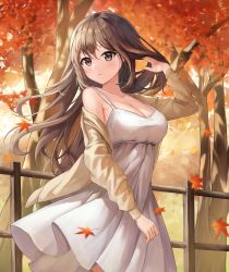 Rule 34 | 1girl, absurdres, breasts, brown eyes, brown hair, brown jacket, cleavage, closed mouth, dress, fence, highres, jacket, leaf, long hair, looking at viewer, maple leaf, namoho82, original, outdoors, sleeveless, sleeveless dress, solo, standing, tree, white dress