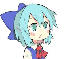 Rule 34 | 1girl, ascot, blue bow, blue eyes, blue hair, blue vest, blush stickers, bow, cirno, collared shirt, hair between eyes, hair bow, moyazou (kitaguni moyashi seizoujo), open mouth, portrait, red ascot, shirt, short hair, simple background, sketch, solo, touhou, vest, white background, white shirt