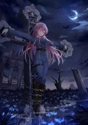 Rule 34 | 1girl, black footwear, blue jacket, blue pants, boots, chain, cross, crucifixion, closed eyes, gloves, jacket, knee boots, legs together, liusu hongchen, long hair, long sleeves, military, military uniform, night, original, outdoors, outstretched arms, pants, pink hair, ruins, solo, uniform, white gloves